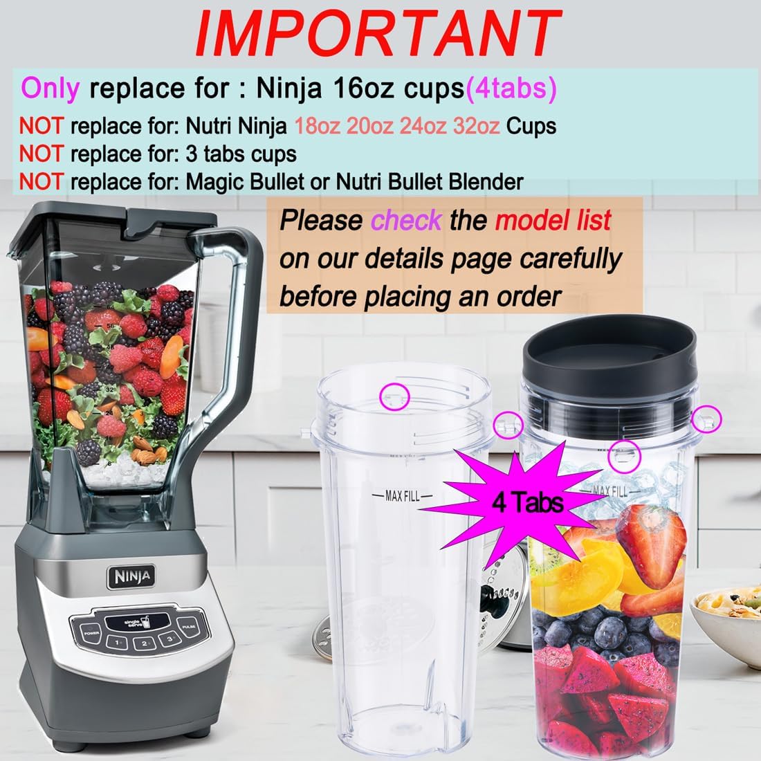 Replacement16oz Blender Cup for Ninja,Single Serve Blender Cup With Lids Set For BL770 BL780 BL660 BL740 V1258-DP02-C-1065