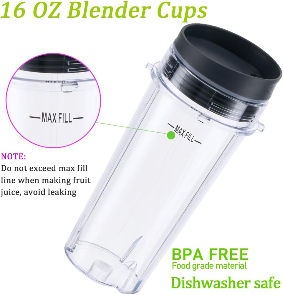 Replacement16oz Blender Cup for Ninja,Single Serve Blender Cup With Lids Set For BL770 BL780 BL660 BL740 V1258-DP02-C-1065