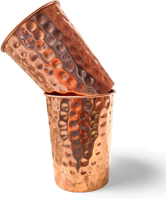 Set of 2 Hammmered Pure Copper Cups For Drinking Water Glasses Tumblers Glass for Ayurveda Health Benefits V1258-DP02-C-1086
