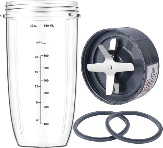New Blender Cup and Blade Replacement Parts 32oz Cup and Extractor Blade and 2 Rubber Gaskets 4-Piece V1258-DP02-C-109