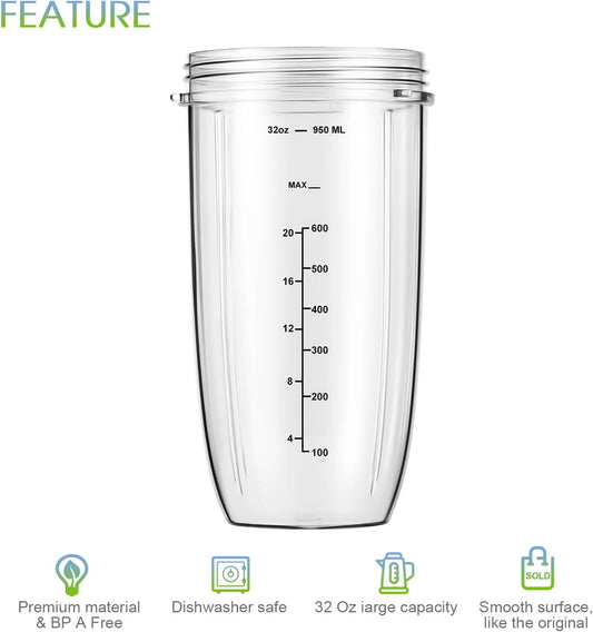 New Blender Cup and Blade Replacement Parts 32oz Cup and Extractor Blade and 2 Rubber Gaskets 4-Piece V1258-DP02-C-109