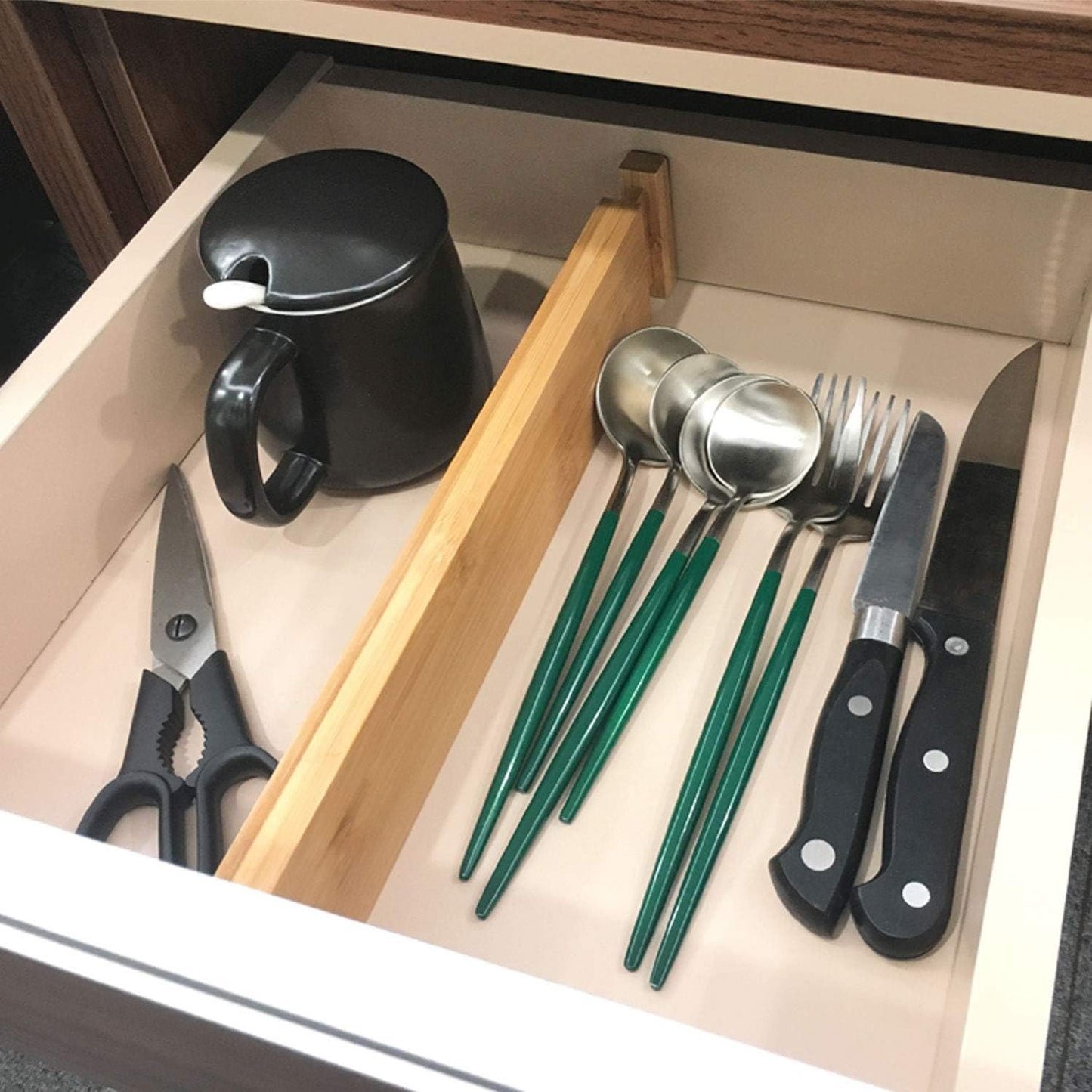 Adjustable Bamboo Drawer Dividers, Expandable Drawer Organizer for Kitchen, Bedroom, Bathroom, Dresser and V1258-DP02-C-1091