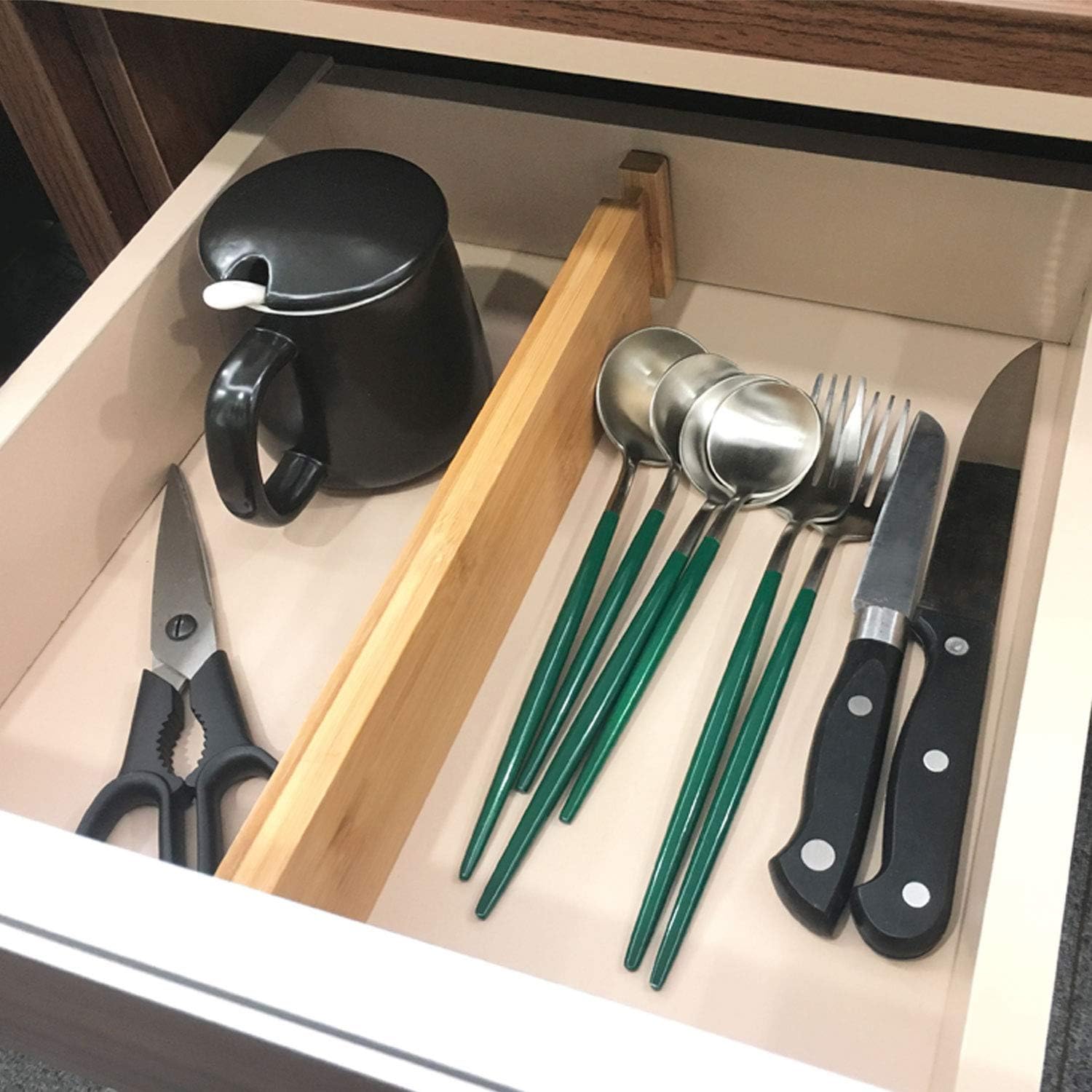 Adjustable Bamboo Drawer Dividers, Expandable Drawer Organizer for Kitchen, Bedroom, Bathroom, Dresser and V1258-DP02-C-1091