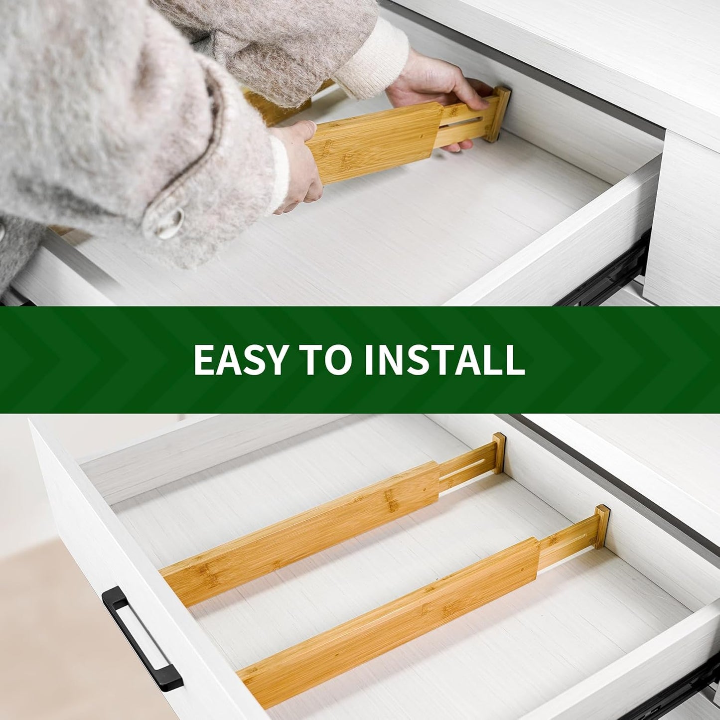 Adjustable Bamboo Drawer Dividers, Expandable Drawer Organizer for Kitchen, Bedroom, Bathroom, Dresser and V1258-DP02-C-1091