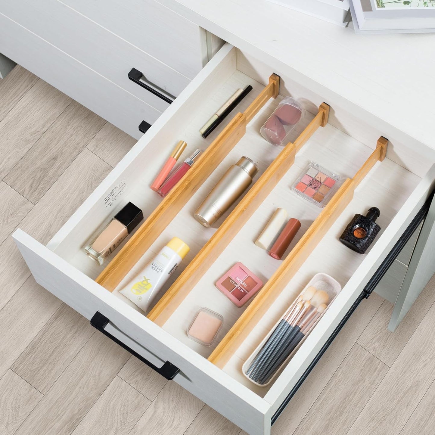Adjustable Bamboo Drawer Dividers, Expandable Drawer Organizer for Kitchen, Bedroom, Bathroom, Dresser and V1258-DP02-C-1091