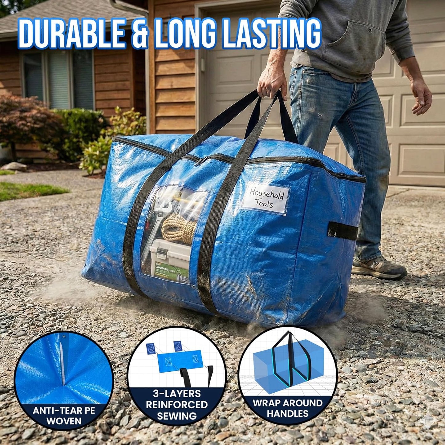 Extra Large Moving Bags, 4 Pack Blue Heavy Duty Totes For Storage with Visible Window, Wrap Around Handles, V1258-DP02-C-1095
