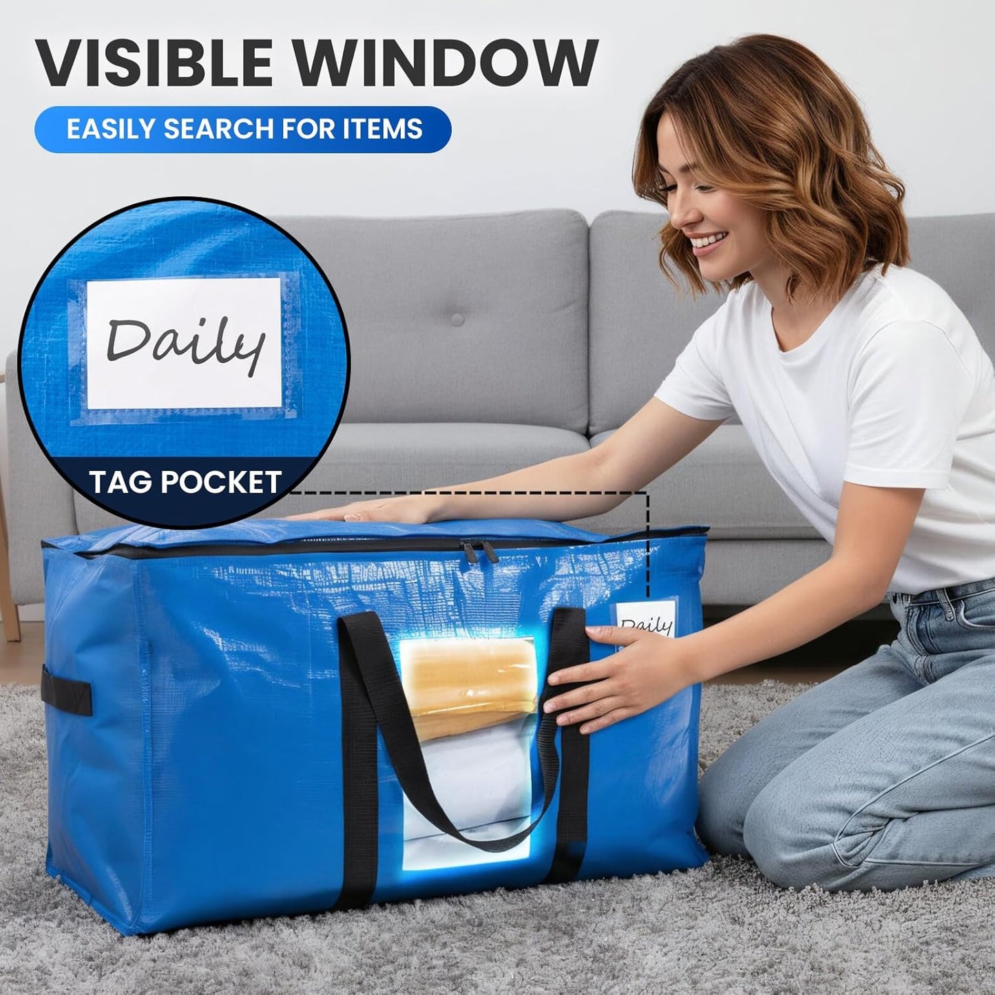 Extra Large Moving Bags, 4 Pack Blue Heavy Duty Totes For Storage with Visible Window, Wrap Around Handles, V1258-DP02-C-1095