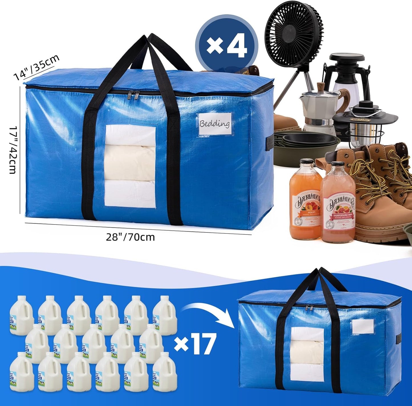 Extra Large Moving Bags, 4 Pack Blue Heavy Duty Totes For Storage with Visible Window, Wrap Around Handles, V1258-DP02-C-1095