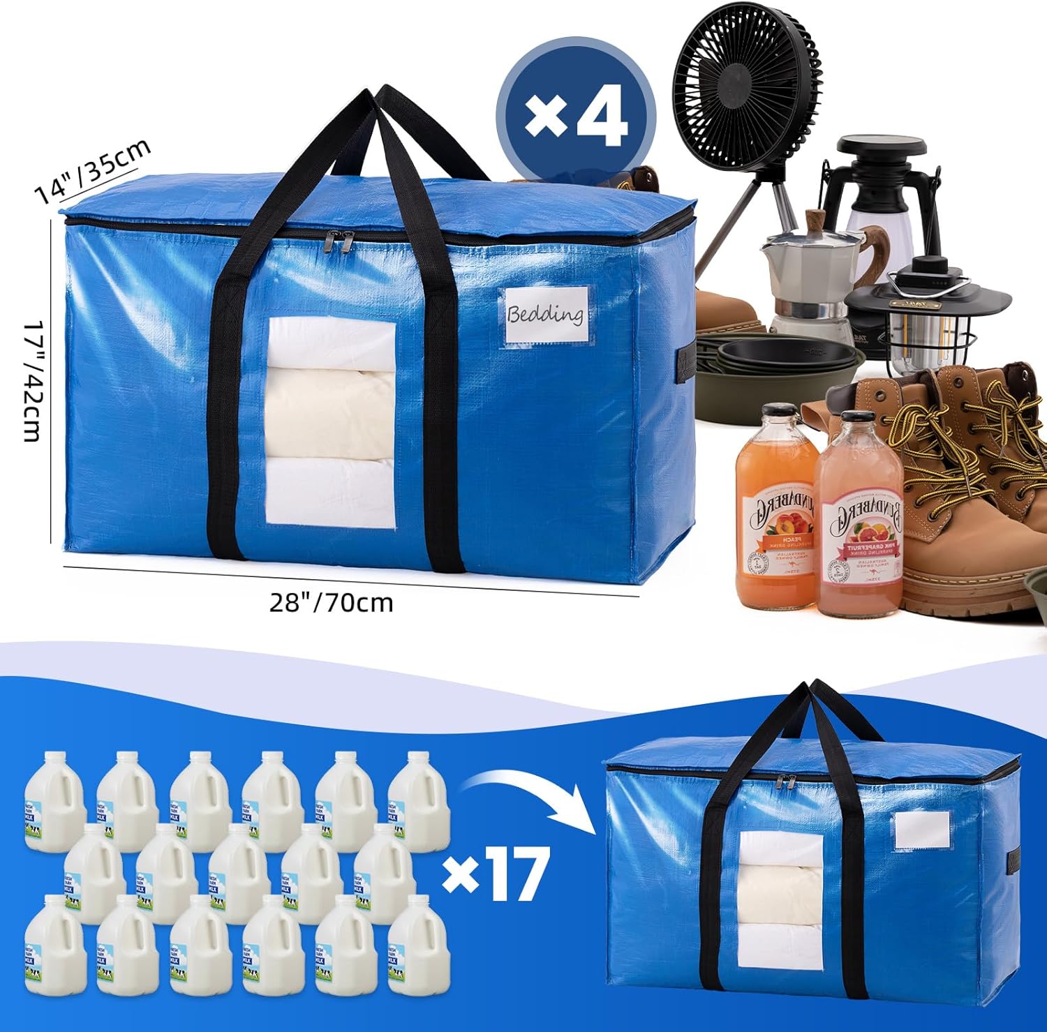 Extra Large Moving Bags, 4 Pack Blue Heavy Duty Totes For Storage with Visible Window, Wrap Around Handles, V1258-DP02-C-1095