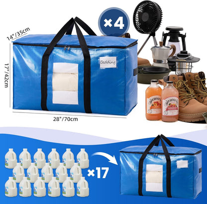 Extra Large Moving Bags, 4 Pack Blue Heavy Duty Totes For Storage with Visible Window, Wrap Around Handles, V1258-DP02-C-1095