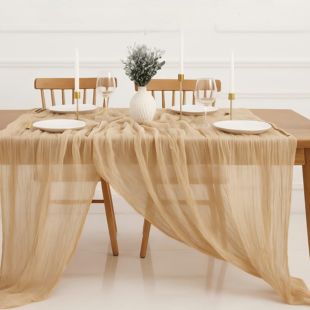 Cheesecloth Table Runner - 10FT Natural Linen Beige Gauze Fabric Table Decor for Wedding, Party, Dinner, V1258-DP02-C-1101