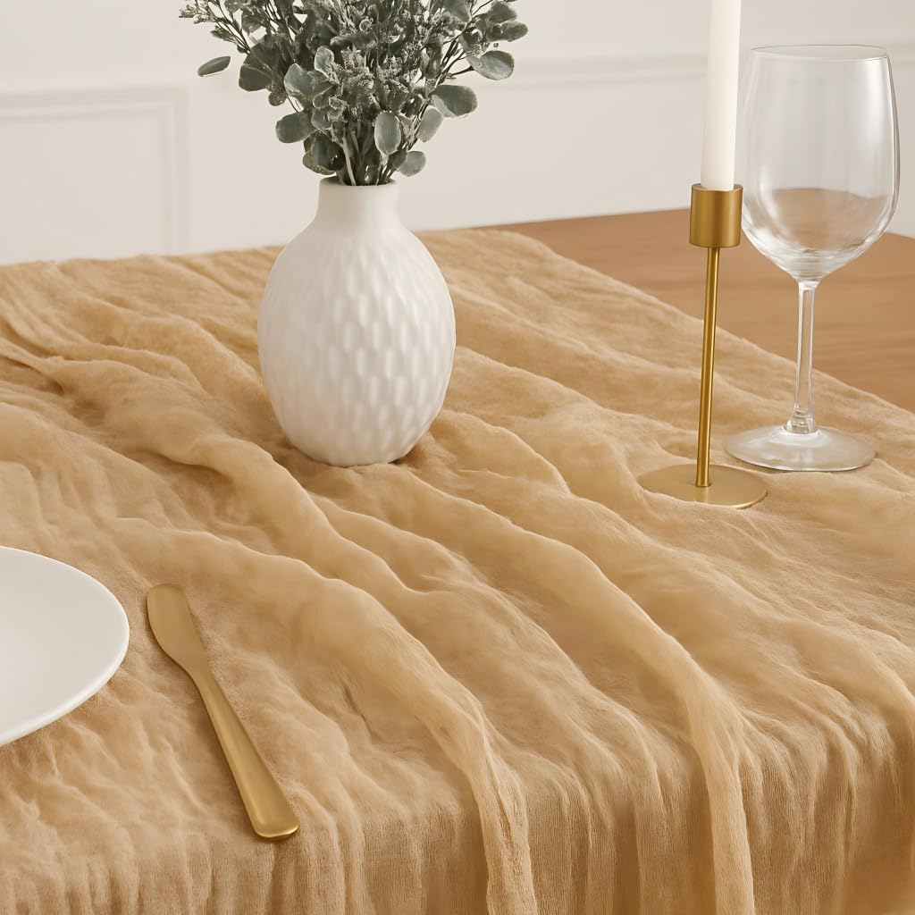 Cheesecloth Table Runner - 10FT Natural Linen Beige Gauze Fabric Table Decor for Wedding, Party, Dinner, V1258-DP02-C-1101