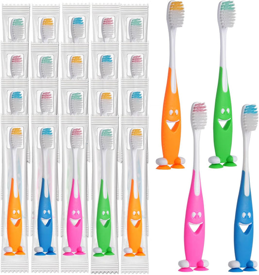 Petluno 100 Pack Kids Toothbrush Bulk Soft Bristles Toddler Cute with Suction Cup, Includes Travel Covers, V1258-DP02-C-1103