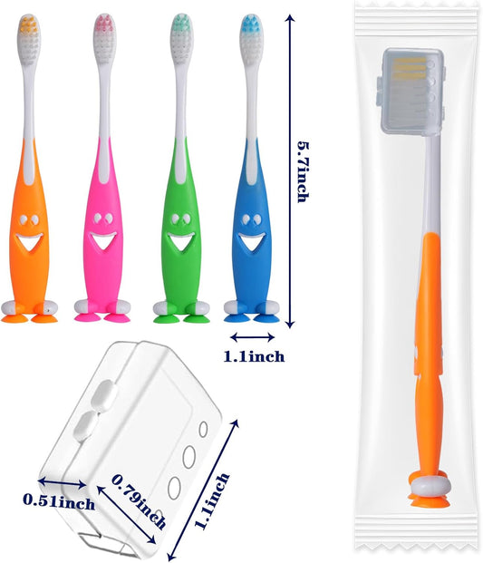 Petluno 100 Pack Kids Toothbrush Bulk Soft Bristles Toddler Cute with Suction Cup, Includes Travel Covers, V1258-DP02-C-1103