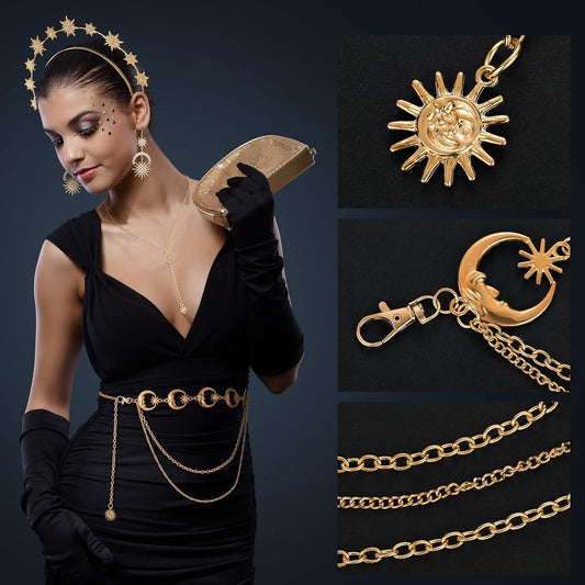 Glenmal 4 Pieces Celestial Jewelry Moon Stars Crown Necklaces and Body Chain Headband Drop Earrings for Women V1258-DP02-C-1112