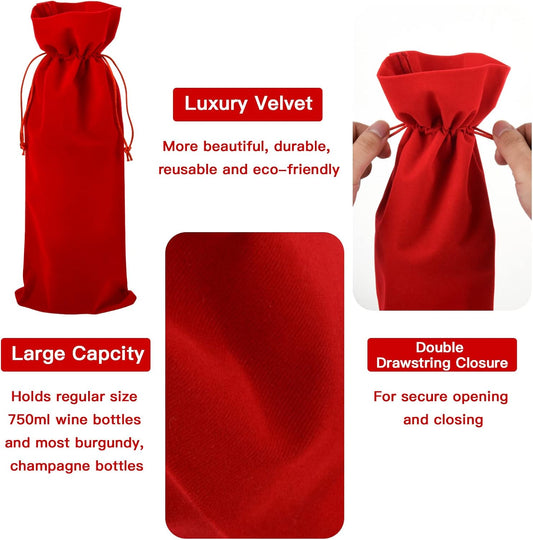 Homakover Luxury Velvet Wine Bag Wine Gift Bags, 6 Pcs Wine Bottle Bags with Double Drawstring Closure, V1258-DP02-C-1115