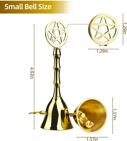 Brass Small Hand Bell, 4.92" H Pentagram Handbells, Decorative Dinner Altar Bell for Witch Wiccan Inspired V1258-DP02-C-1122