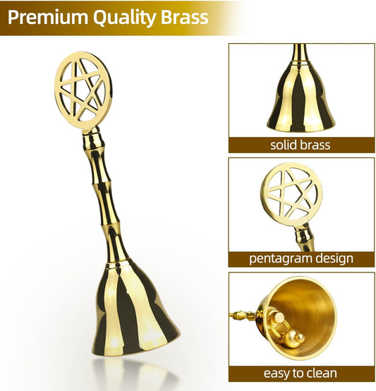 Brass Small Hand Bell, 4.92" H Pentagram Handbells, Decorative Dinner Altar Bell for Witch Wiccan Inspired V1258-DP02-C-1122