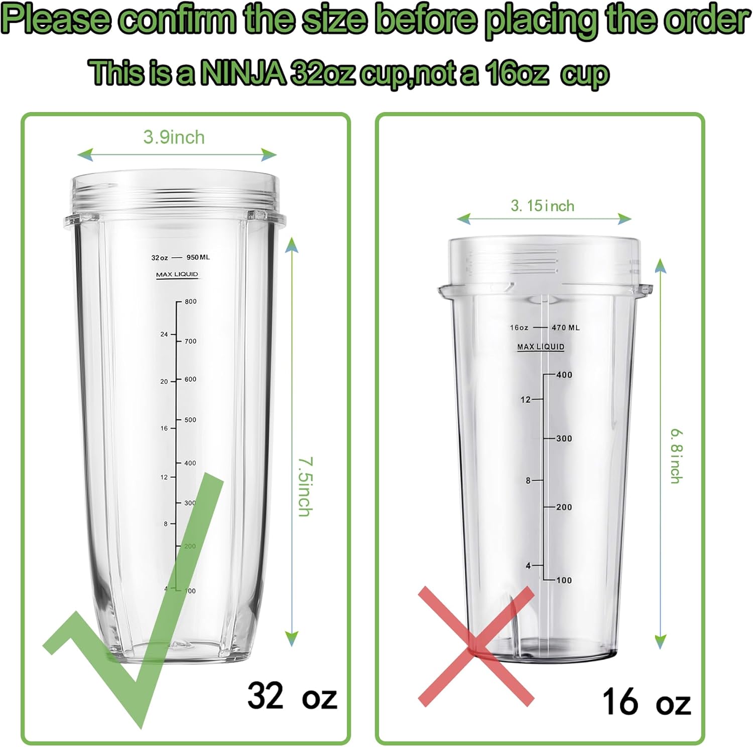 Replacement Part for Nutri Ninja Blender 2-Pack 32oz Replacement Cups Compatible with Nutri Ninja Auto-iQ V1258-DP02-C-113