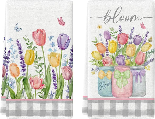 Buffalo Plaid Tulip Bloom Vase Spring Kitchen Towels Dish Towels, 18x26 Inch Farmhouse Summer Floral V1258-DP02-C-1146