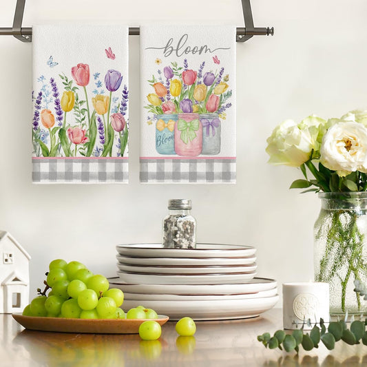Buffalo Plaid Tulip Bloom Vase Spring Kitchen Towels Dish Towels, 18x26 Inch Farmhouse Summer Floral V1258-DP02-C-1146