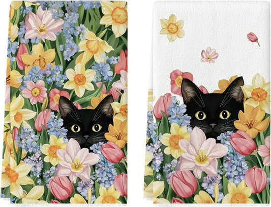 Tulip Wild Flowers Black Cat Spring Kitchen Towels Dish Towels, 18x26 Inch Farmhouse Floral Decoration Hand V1258-DP02-C-1147