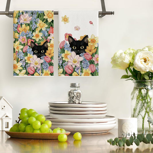 Tulip Wild Flowers Black Cat Spring Kitchen Towels Dish Towels, 18x26 Inch Farmhouse Floral Decoration Hand V1258-DP02-C-1147