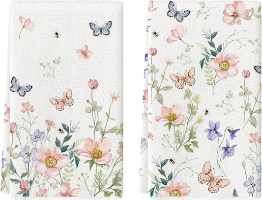 Floral Leaves Butterfly Spring Kitchen Towels Dish Towels, 18x26 Inch Seasonal Summer Decoration Hand Towels V1258-DP02-C-1148
