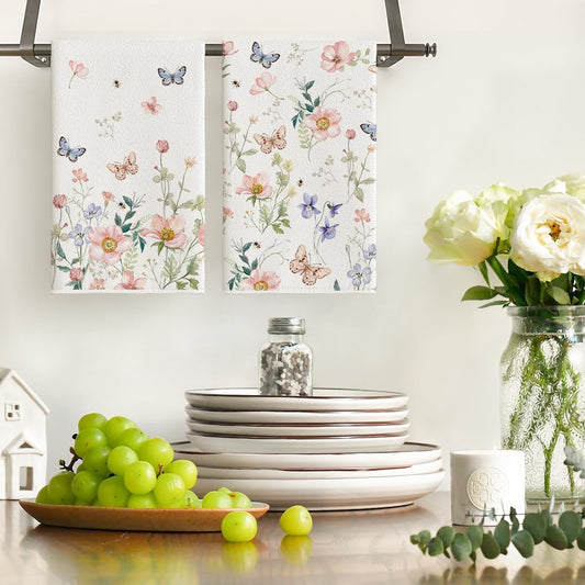 Floral Leaves Butterfly Spring Kitchen Towels Dish Towels, 18x26 Inch Seasonal Summer Decoration Hand Towels V1258-DP02-C-1148