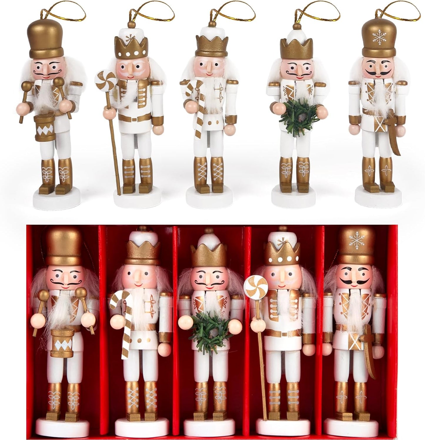 5PCS Nutcracker Christmas Decor, Wooden Nutcracker Hanging Ornaments Soldier for Christmas Tree Gift Shelves V1258-DP02-C-1193