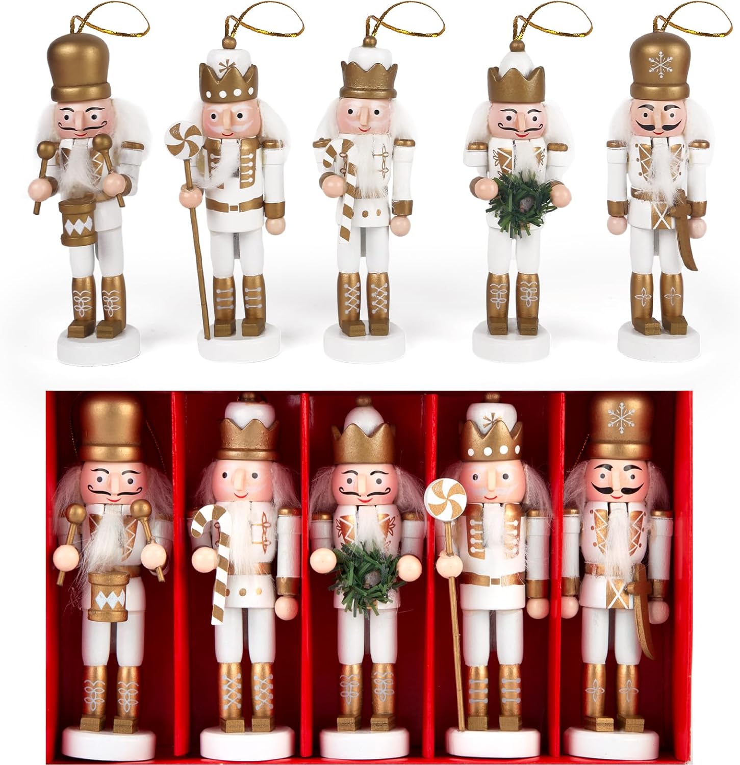 5PCS Nutcracker Christmas Decor, Wooden Nutcracker Hanging Ornaments Soldier for Christmas Tree Gift Shelves V1258-DP02-C-1193