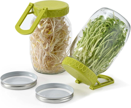 Complete Sprouting Kit - 2 Large Wide-Mouth Mason Jars 32 Oz, 2 Foldalbe Screen Lids with Draining Stand, 2 l V1258-DP02-C-1195