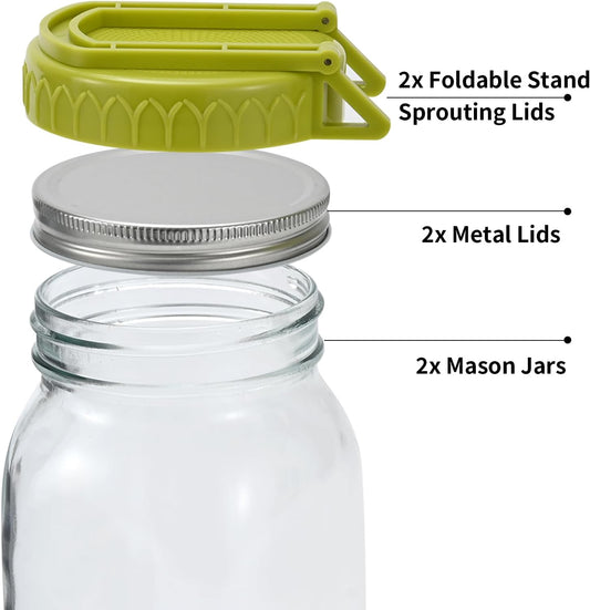 Complete Sprouting Kit - 2 Large Wide-Mouth Mason Jars 32 Oz, 2 Foldalbe Screen Lids with Draining Stand, 2 l V1258-DP02-C-1195