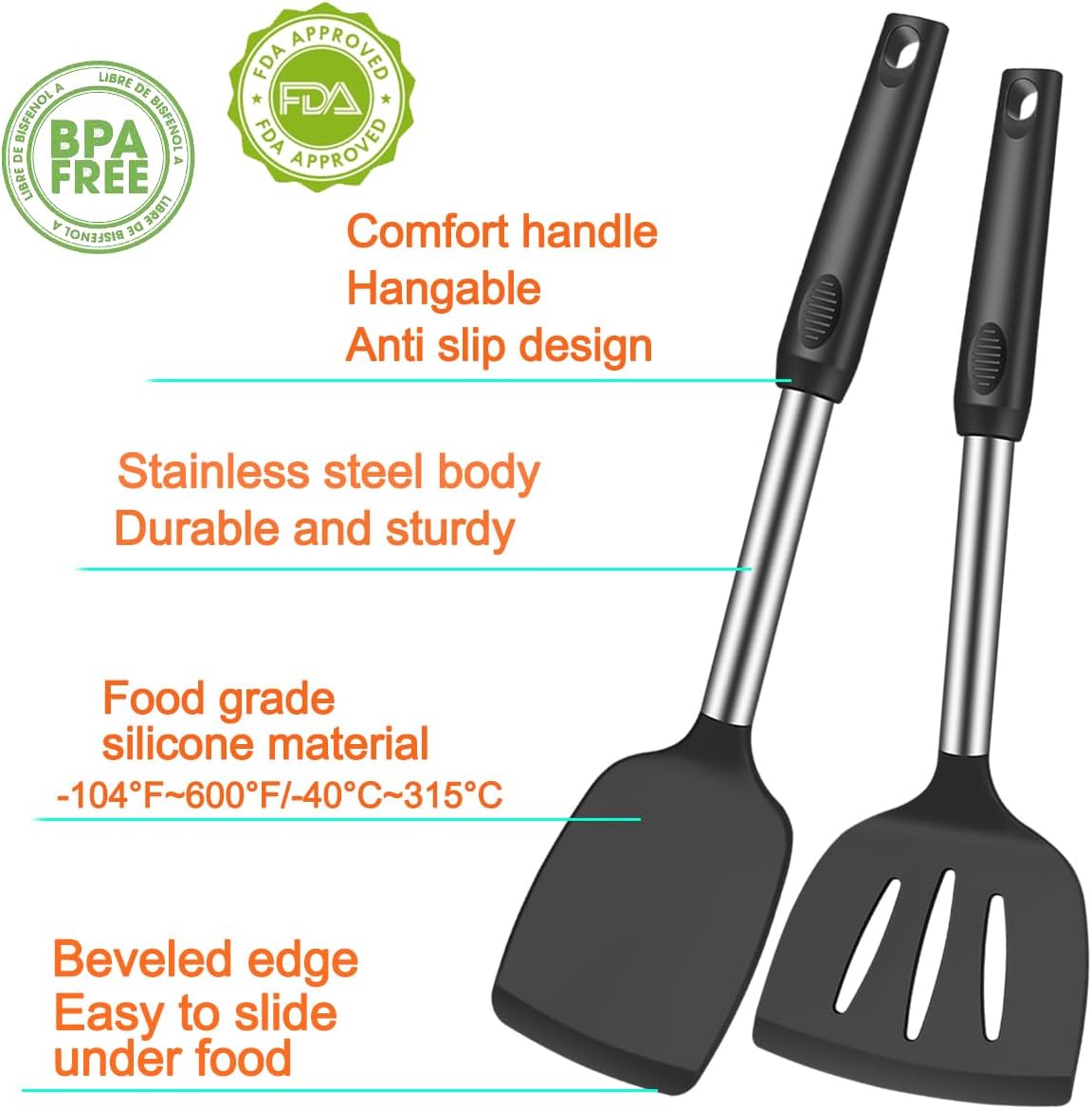 5Pcs Silicone Spatula Heat Resistant Long Large Spatulas Set for Nonstick Cookware, Rubber Pancake Fish V1258-DP02-C-120