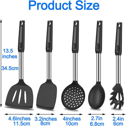 5Pcs Silicone Spatula Heat Resistant Long Large Spatulas Set for Nonstick Cookware, Rubber Pancake Fish V1258-DP02-C-120