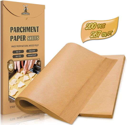 200 Pcs Parchment Paper Sheets, 12 x 16 Inch, Precut Non-Stick Parchment Sheets for Baking, Cooking, V1258-DP02-C-121