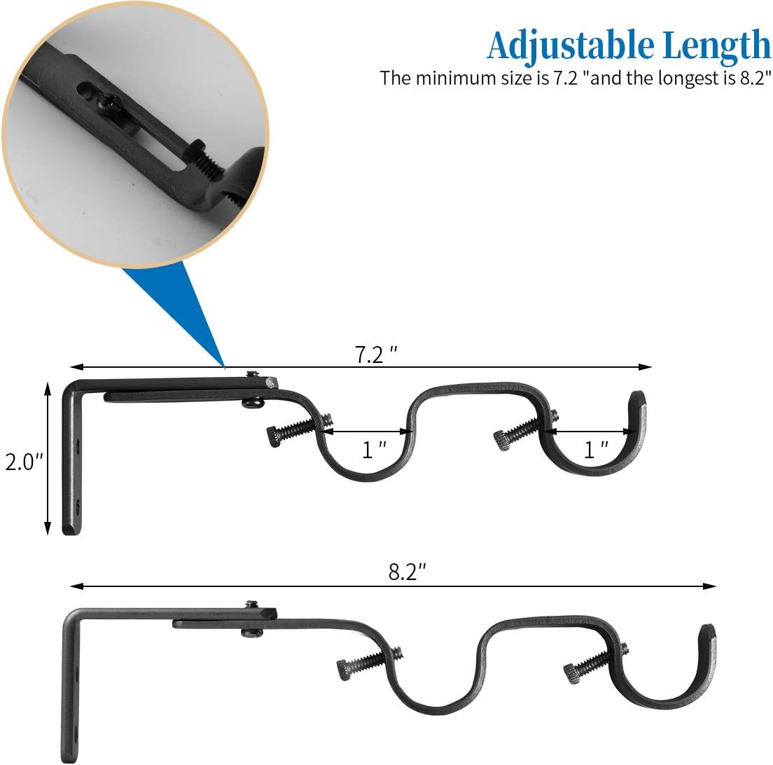 Heavy Duty Curtain Rod Brackets - Adjustable Double Rod Holders, 1 Inch (4 PCS, Black) V1258-DP02-C-1219