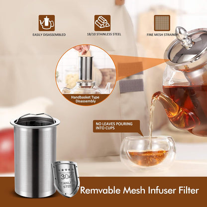 1000ml Glass Teapot with Removable Infuser, Stovetop Safe Tea Kettle, Blooming and Loose Leaf Tea Maker Set V1258-DP02-C-122