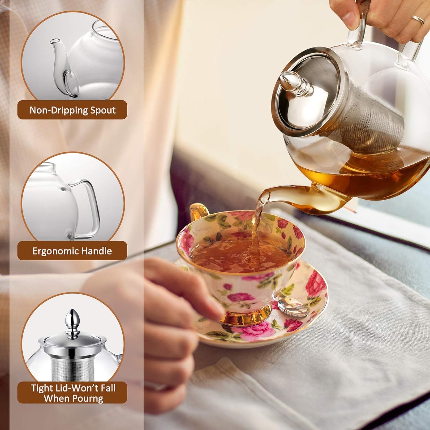 1000ml Glass Teapot with Removable Infuser, Stovetop Safe Tea Kettle, Blooming and Loose Leaf Tea Maker Set V1258-DP02-C-122