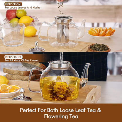1000ml Glass Teapot with Removable Infuser, Stovetop Safe Tea Kettle, Blooming and Loose Leaf Tea Maker Set V1258-DP02-C-122