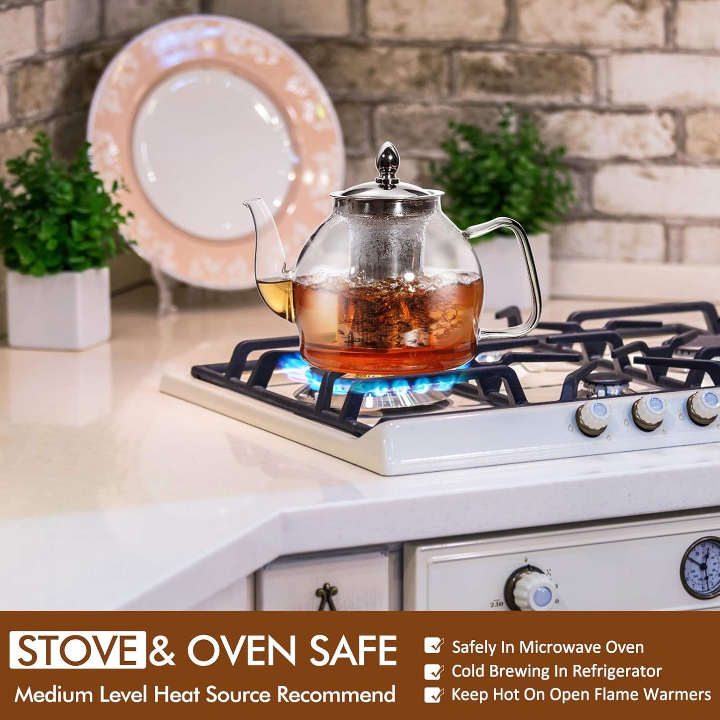 1000ml Glass Teapot with Removable Infuser, Stovetop Safe Tea Kettle, Blooming and Loose Leaf Tea Maker Set V1258-DP02-C-122