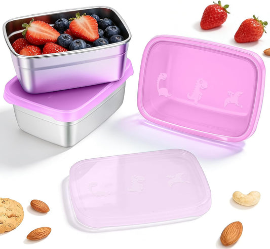 3-Pack Stainless Steel Snack Containers for Kids & Toddlers - 550ml (18oz) Leakproof Colorful Lids with Cute V1258-DP02-C-1226