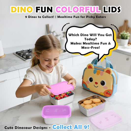 3-Pack Stainless Steel Snack Containers for Kids & Toddlers - 550ml (18oz) Leakproof Colorful Lids with Cute V1258-DP02-C-1226