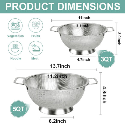 Colander Stainless Steel 3-Quart, Kitchen Strainer for Pasta, Fruits Vegetables, Dishwasher Safe V1258-DP02-C-1230