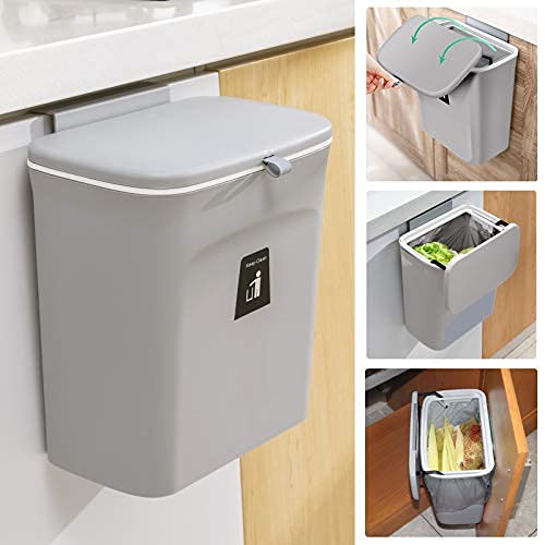 Mujingxin 2.4 Gallon Kitchen Compost Bin for Counter Top or Under Sink, Hanging Small Trash Can with Lid for V1258-DP02-C-1236