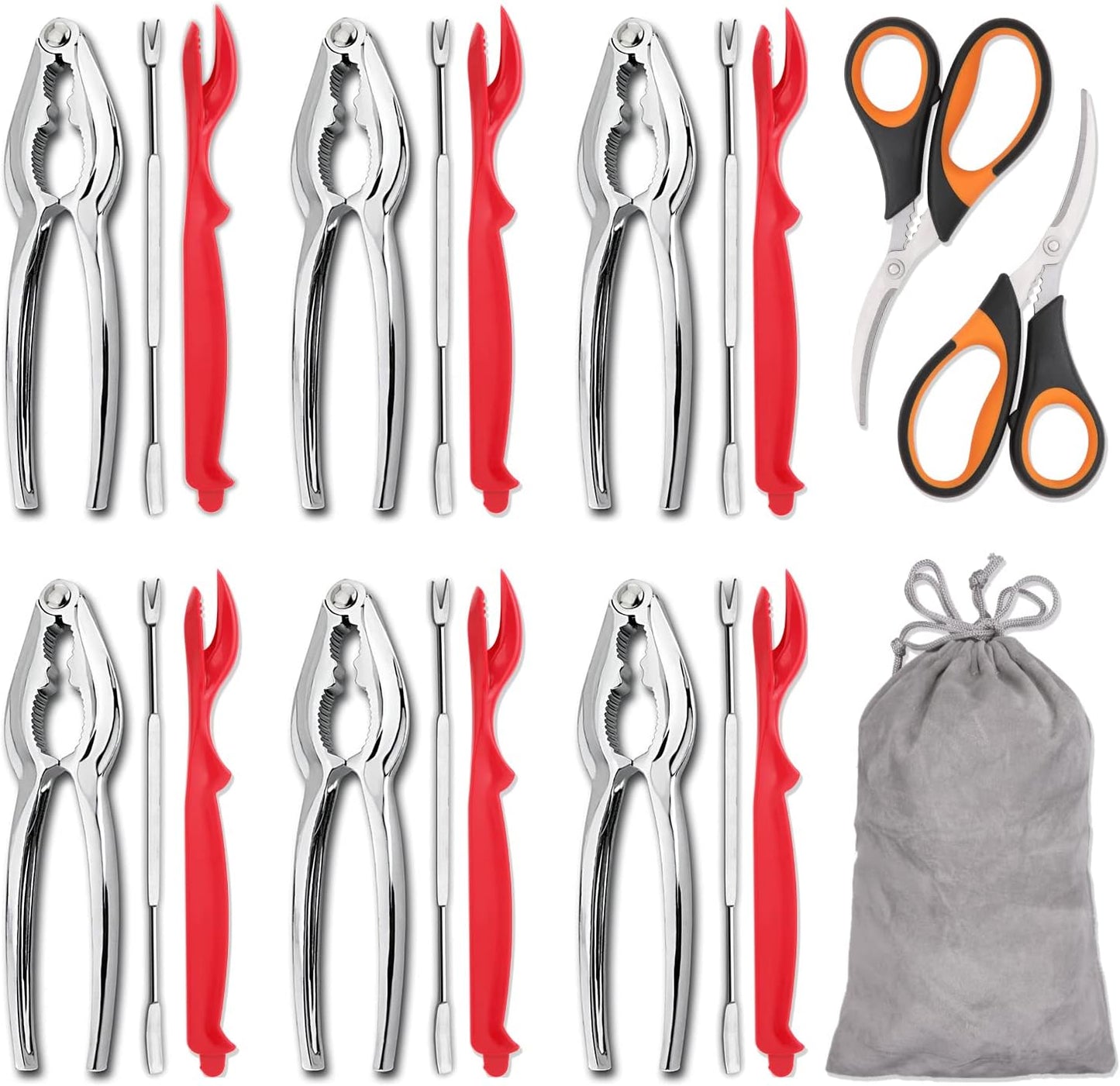 20-piece Seafood Tools Set includes 6 Crab Crackers, 6 Lobster Shellers, 6 Crab Leg Forks/Picks and 2 Seafood V1258-DP02-C-124