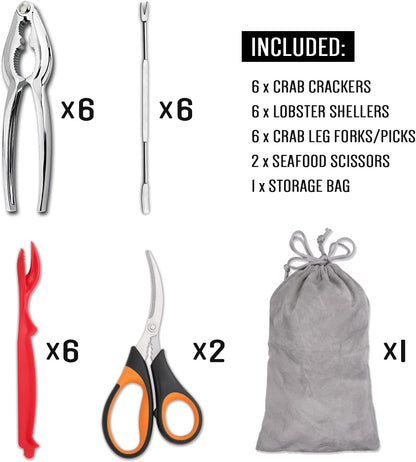 20-piece Seafood Tools Set includes 6 Crab Crackers, 6 Lobster Shellers, 6 Crab Leg Forks/Picks and 2 Seafood V1258-DP02-C-124