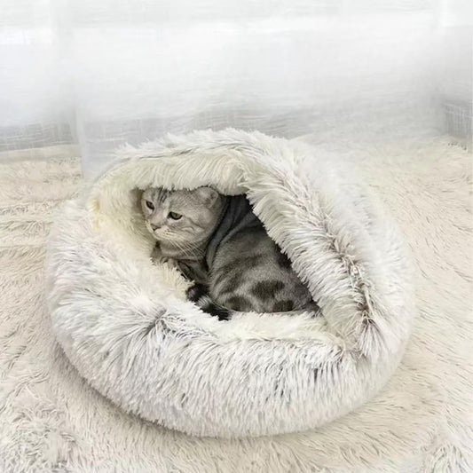 Cat Bed Round Fluffy Hooded Cat Bed Cave, Anti-Anxiety Cave Bed with Hooded Blanket, Cozy Cuddler Luxury V1258-DP02-C-1241