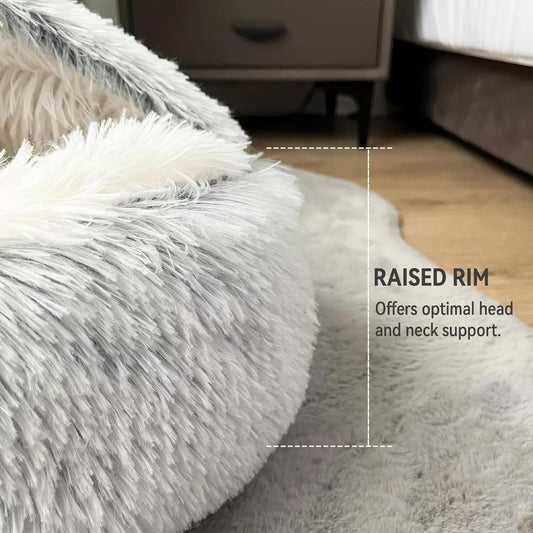 Cat Bed Round Fluffy Hooded Cat Bed Cave, Anti-Anxiety Cave Bed with Hooded Blanket, Cozy Cuddler Luxury V1258-DP02-C-1241