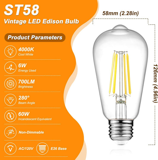 Vintage LED Edison Bulbs, 6W, Non-Dimmable, Equivalent 60W, High Brightness Cool White 4000K, ST58 Antique V1258-DP02-C-1251